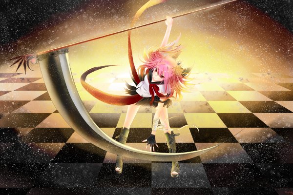 Anime picture 4800x3200 with original clouble single long hair looking at viewer highres pink hair absurdres pink eyes checkered floor girl skirt uniform weapon serafuku boots scythe
