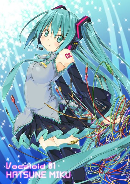 Anime picture 708x1000 with vocaloid hatsune miku umino tomo (artist) single tall image smile twintails bare shoulders very long hair pleated skirt aqua eyes aqua hair wide sleeves tattoo zettai ryouiki character names girl thighhighs skirt hair ornament