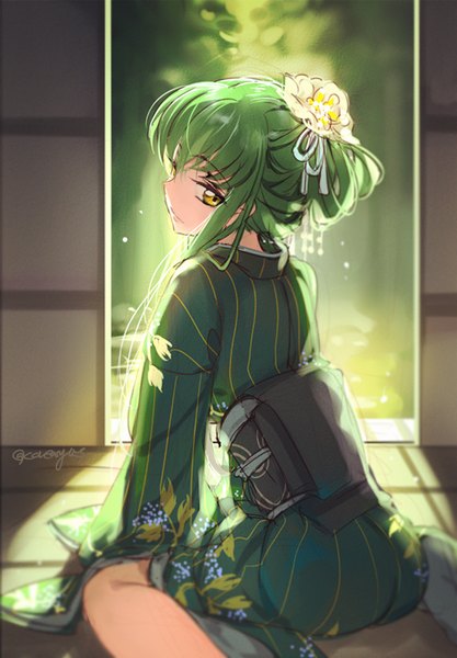 Anime picture 557x800 with code geass sunrise (studio) c.c. creayus single long hair tall image looking at viewer fringe smile sitting yellow eyes bent knee (knees) long sleeves traditional clothes japanese clothes looking back hair flower green hair from behind