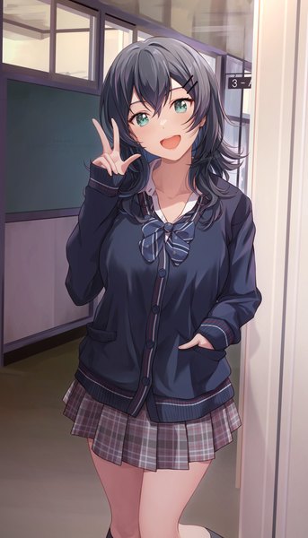 Anime picture 1637x2864 with kenzen kanojo uruka-chan uruka (kenzen kanojo uruka-chan) shamakho single long hair tall image looking at viewer fringe open mouth black hair smile hair between eyes standing signed long sleeves head tilt :d pleated skirt arm up aqua eyes
