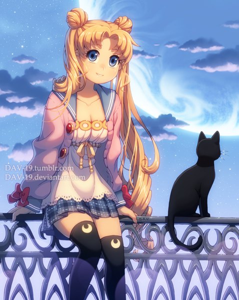 Anime picture 718x900 with bishoujo senshi sailor moon toei animation tsukino usagi luna (sailor moon) dav-19 single long hair tall image blue eyes blonde hair sitting twintails signed sky cleavage cloud (clouds) pleated skirt night arm support open jacket