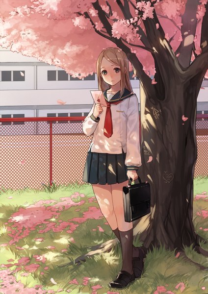 Anime picture 1000x1415 with original kim eb single long hair tall image looking at viewer brown hair holding brown eyes bent knee (knees) outdoors long sleeves head tilt pleated skirt girl skirt uniform plant (plants) miniskirt petals