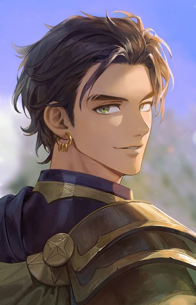 Anime picture 2000x3112 with fire emblem fire emblem: three houses fire emblem warriors: three hopes nintendo claude von riegan john doodle single tall image looking at viewer highres short hair smile brown hair green eyes parted lips looking back portrait boy earrings armor