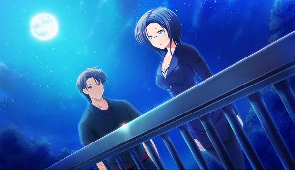 Anime picture 2660x1538 with atled everlasting song highres short hair blue eyes black hair red eyes wide image game cg night girl boy glasses moon
