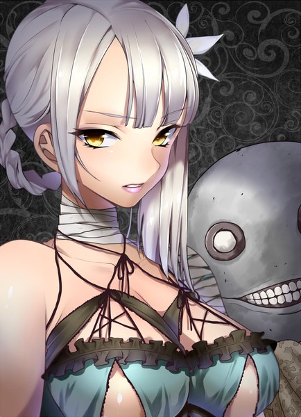 Anime picture 600x829 with nier kaine (nier) emil (no.7) matarou (genkai toppa) long hair tall image looking at viewer breasts open mouth light erotic large breasts bare shoulders yellow eyes white hair braid (braids) hair flower close-up clenched teeth girl hair ornament