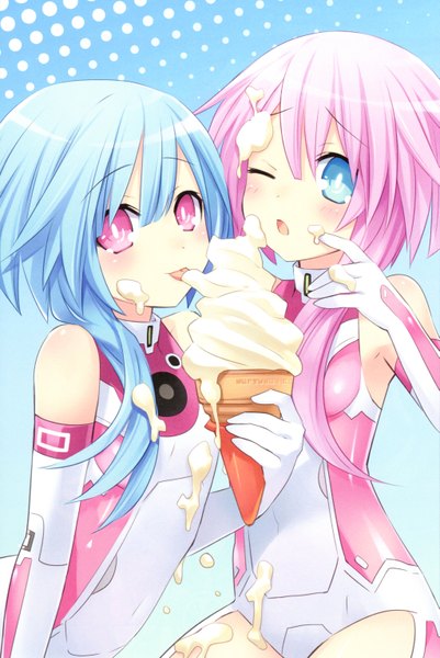 Anime picture 4089x6111 with choujigen game neptune rom (choujigen game neptune) ram (choujigen game neptune) white sister ram white sister rom tsunako long hair tall image looking at viewer blush fringe highres short hair open mouth blue eyes light erotic simple background hair between eyes bare shoulders multiple girls