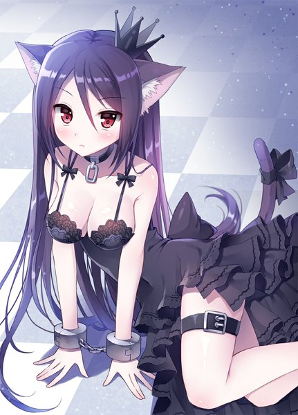 Anime picture 850x1184 with original mauve single long hair tall image looking at viewer blush fringe breasts light erotic red eyes large breasts sitting bare shoulders animal ears cleavage purple hair bent knee (knees) tail animal tail