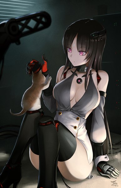 Anime picture 1600x2483 with original tea (nakenashi) single long hair tall image fringe breasts light erotic black hair large breasts sitting bare shoulders signed full body bent knee (knees) blunt bangs pink eyes forehead mark mechanical arms robot joints