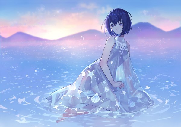 Anime picture 1200x848 with original tobi (kotetsu) single fringe short hair blue eyes black hair smile hair between eyes sitting bare shoulders looking away full body outdoors barefoot arm support bare legs sleeveless partially submerged mountain