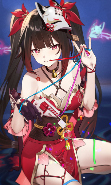 Anime picture 1500x2491 with honkai: star rail honkai (series) sparkle (honkai: star rail) hievasp single long hair tall image looking at viewer blush fringe breasts light erotic smile red eyes brown hair twintails bare shoulders holding payot blunt bangs