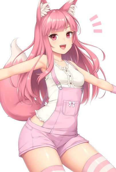 Anime picture 730x1080 with original sasaame single long hair tall image looking at viewer blush fringe open mouth simple background smile white background animal ears pink hair tail blunt bangs :d animal tail pink eyes zettai ryouiki