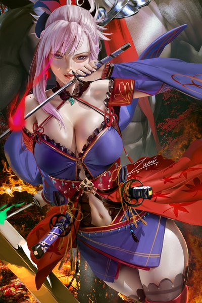 Anime-Bild 2339x3508 mit fate (series) fate/grand order miyamoto musashi (fate) zumi (zumidraws) single long hair tall image looking at viewer blush fringe highres breasts light erotic hair between eyes large breasts standing purple eyes holding signed pink hair