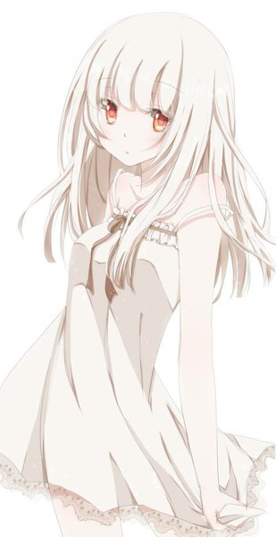 Anime picture 597x1159 with original hiro (hirohiro31) single long hair tall image looking at viewer blush fringe simple background red eyes standing white background bare shoulders white hair girl dress white dress
