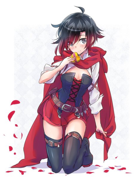 Anime picture 1088x1440 with rwby rooster teeth ruby rose iesupa single tall image looking at viewer fringe short hair breasts light erotic black hair simple background smile hair between eyes cleavage full body ahoge red hair long sleeves