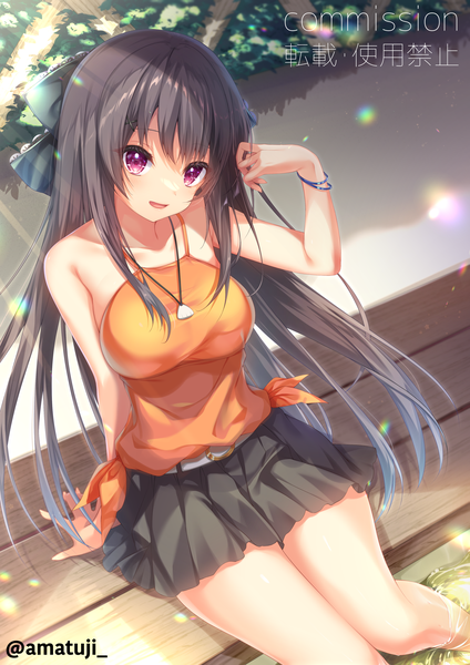 Anime picture 2894x4093 with ao no kanata no four rhythm sprite (company) tobisawa misaki amatsuji single long hair tall image looking at viewer blush fringe highres breasts open mouth black hair smile large breasts sitting purple eyes bare shoulders signed