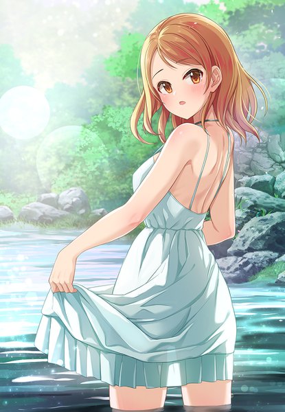 Anime picture 900x1300 with idolmaster idolmaster cinderella girls houjou karen kazu single long hair tall image looking at viewer blush fringe open mouth brown hair standing bare shoulders brown eyes outdoors looking back from behind partially submerged lens flare