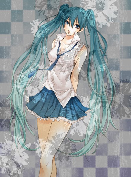 Anime picture 1000x1350 with vocaloid hatsune miku 11spring single tall image blue eyes twintails blue hair very long hair checkered background girl skirt miniskirt shirt necktie