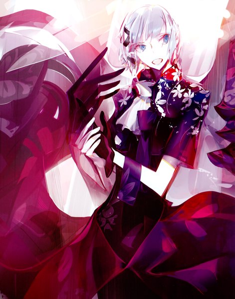 Anime picture 2306x2937 with poppic oriental (artbook) original panamaman single tall image highres short hair open mouth blue eyes purple hair girl dress gloves