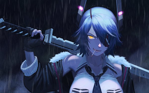 Anime picture 1600x1000 with kantai collection tenryuu light cruiser yue (tada no saboten) single looking at viewer fringe short hair breasts open mouth hair between eyes large breasts holding yellow eyes blue hair upper body arm up off shoulder open jacket wet fur trim