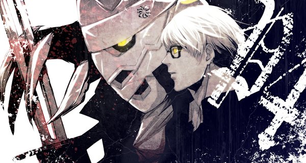 Anime picture 1000x533 with persona 4 persona narukami yuu seta souji izanagi pizaya short hair simple background wide image white background yellow eyes white hair profile glowing glowing eye (eyes) boy weapon sword glasses armor