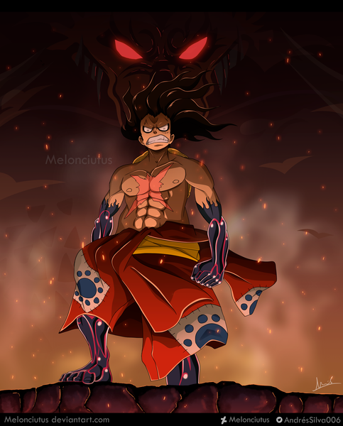 Anime picture 3254x4040 with one piece toei animation monkey d. luffy kaidou (one piece) melonciutus tall image highres short hair black hair smile red eyes standing bare shoulders signed absurdres traditional clothes japanese clothes barefoot multiple boys from below