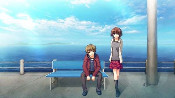 Anime picture 1280x720 with koi de wa naku (game) makishima yumi tomose shunsaku short hair blue eyes brown hair wide image brown eyes game cg cloud (clouds) couple girl boy