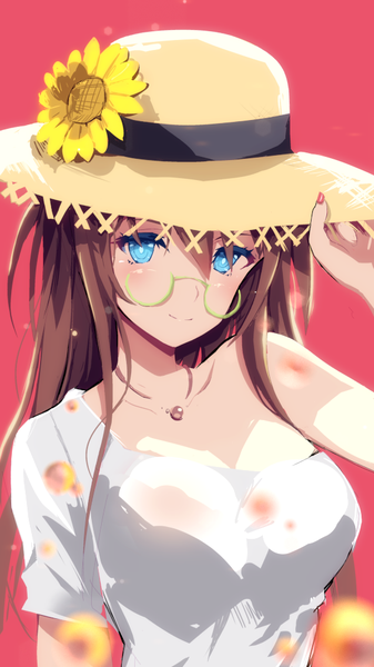 Anime picture 562x1000 with original tranquillianus single long hair tall image looking at viewer fringe breasts blue eyes simple background smile brown hair large breasts nail polish head tilt fingernails red background red nail polish girl flower (flowers)