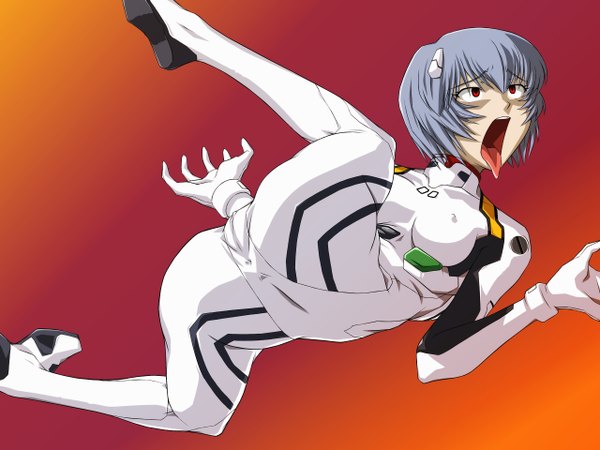 Anime picture 1280x960 with neon genesis evangelion gainax ayanami rei short hair light erotic red eyes blue hair cameltoe what contortion tongue pilot suit reptilian tongue fey boneitis