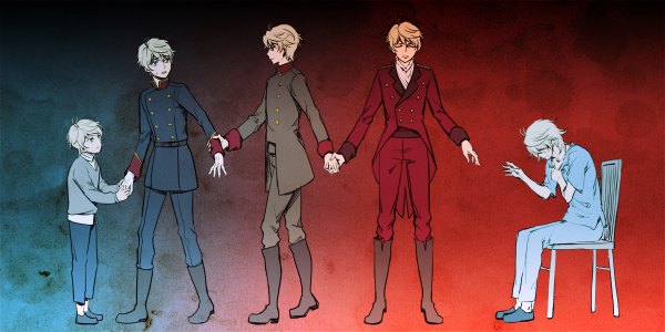 Anime picture 1200x600 with aldnoah.zero a-1 pictures slaine troyard kanmuri (hanyifan30338) short hair wide image standing sitting grey hair multiple boys holding hands outstretched hand multiple persona age progression boy gloves uniform white gloves chair 5 boys