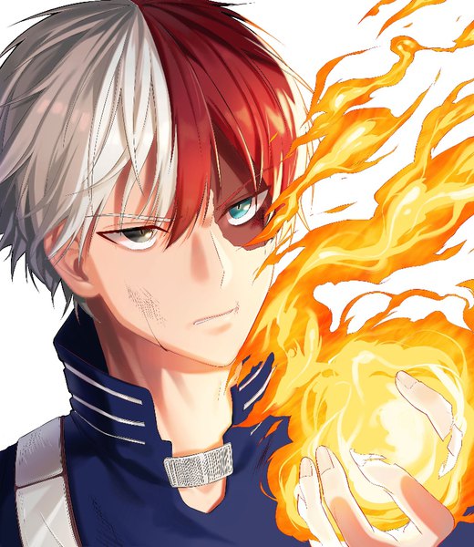 Anime picture 826x952 with boku no hero academia studio bones todoroki shouto lemonpear single tall image fringe short hair simple background hair between eyes white background looking away white hair red hair multicolored hair two-tone hair heterochromia scar face boy