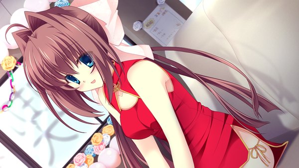 Anime picture 1024x576 with da capo ii dearest marriage asakura otome takano yuki (allegro mistic) single long hair looking at viewer blush fringe short hair breasts open mouth blue eyes light erotic smile brown hair wide image game cg traditional clothes chinese clothes girl