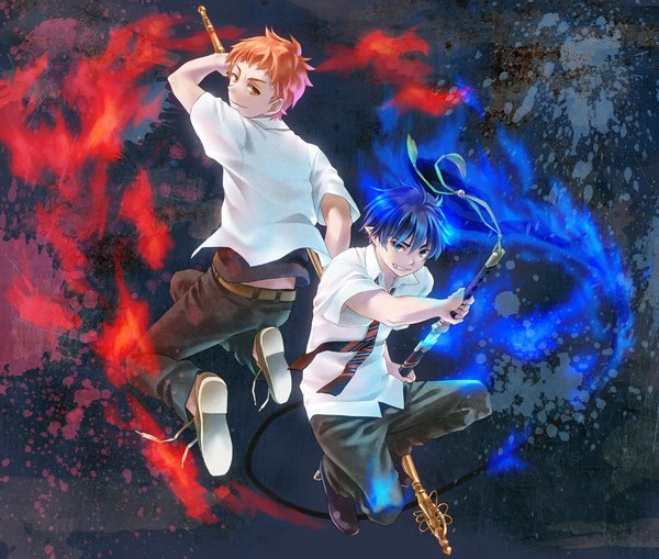 Anime picture 1177x1000 with ao no exorcist a-1 pictures okumura rin shima renzou geroro ne-on short hair blue eyes looking back pointy ears orange eyes grin magic glowing jumping unsheathing boy weapon shirt sword