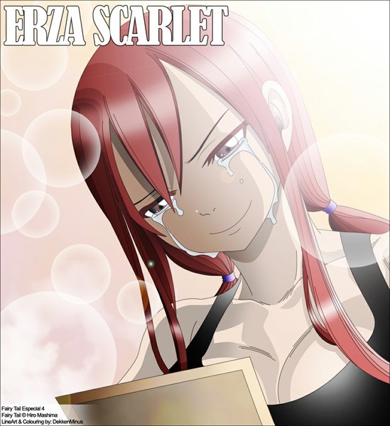 Anime picture 1024x1118 with fairy tail erza scarlet dekkenminus single long hair tall image breasts light erotic simple background smile brown eyes ponytail red hair inscription tears coloring light face girl
