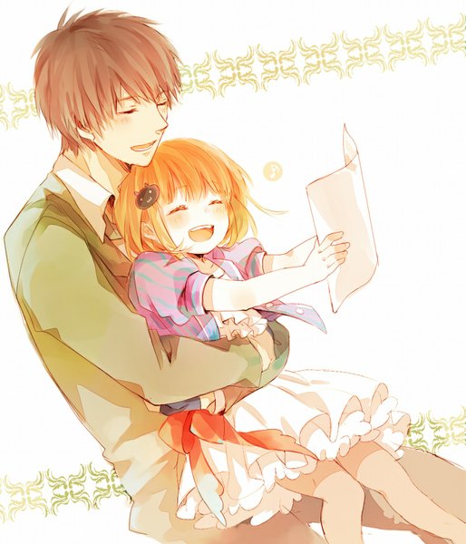 Anime picture 705x823 with uta no prince-sama a-1 pictures nanami haruka (uta no prince-sama) aijima cecil hiyoyogi tall image blush short hair open mouth simple background blonde hair brown hair white background eyes closed parted lips orange hair hug outstretched arm hug from behind laughing
