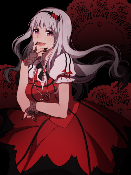 Anime picture 600x800 with idolmaster shijou takane meron single long hair tall image breasts open mouth purple eyes silver hair nail polish puffy sleeves breast hold hand on face my dear vampire girl gloves fingerless gloves pendant headband