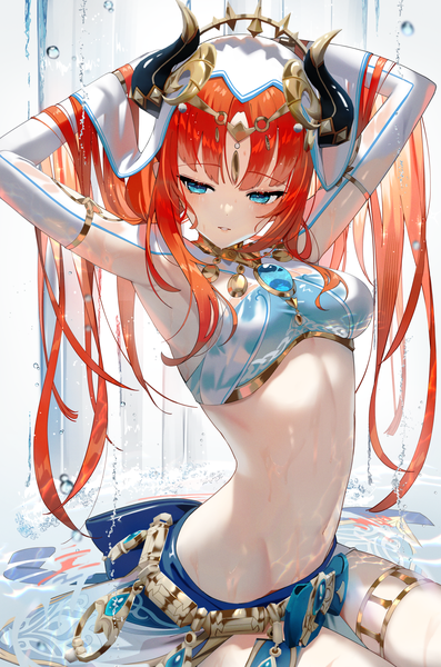 Anime picture 1655x2500 with genshin impact nilou (genshin impact) scottie (phantom2) single long hair tall image fringe breasts light erotic sitting looking away red hair blunt bangs parted lips horn (horns) aqua eyes arms up armpit (armpits) wet partially submerged