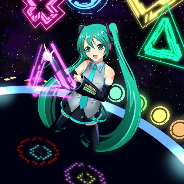 Anime picture 1100x1100 with project diva vocaloid hatsune miku john shiden looking at viewer blush open mouth twintails bare shoulders very long hair aqua eyes aqua hair girl thighhighs skirt black thighhighs detached sleeves miniskirt