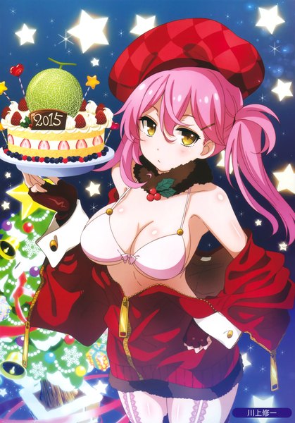 Anime picture 2306x3300 with original kawakami shuuichi single long hair tall image looking at viewer highres breasts light erotic twintails yellow eyes pink hair scan christmas girl gloves lingerie bra sweets fingerless gloves
