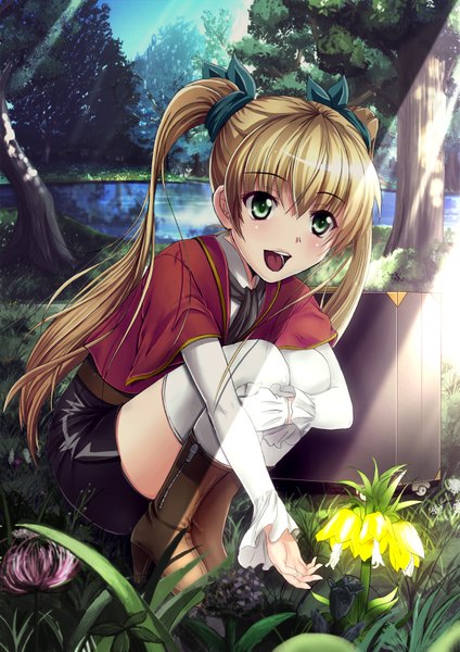 Anime picture 2480x3507 with original soyokaze single long hair tall image blush highres open mouth blonde hair sitting twintails green eyes river girl thighhighs flower (flowers) plant (plants) white thighhighs tree (trees) boots