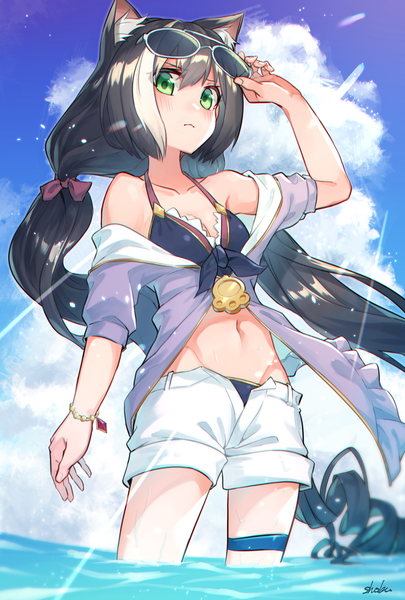 Anime picture 1378x2039 with princess connect! re:dive princess connect! karyl (princess connect!) sho bu 1116 single tall image looking at viewer blush fringe light erotic black hair hair between eyes standing twintails green eyes signed animal ears sky cloud (clouds) very long hair