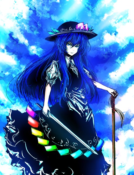 Anime picture 1300x1700 with touhou hinanawi tenshi acryl (artist) single long hair tall image blue eyes blue hair cloud (clouds) girl dress weapon hat sword katana staff