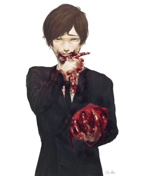 Anime picture 2050x2481 with original chen (artist) single tall image highres short hair simple background brown hair white background signed yellow eyes guro horror creepy boy necktie blood suit heart (organ)
