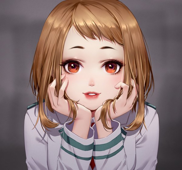 Anime-Bild 943x880 mit boku no hero academia studio bones uraraka ochako qi kou single looking at viewer fringe short hair smile brown hair brown eyes upper body long sleeves parted lips lips grey background lipstick face red lipstick makeup