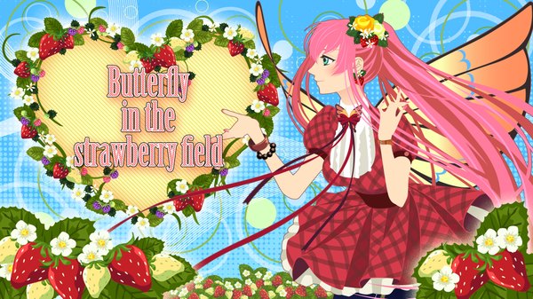 Anime picture 4000x2250 with vocaloid megurine luka e-megu (artist) single long hair highres wide image green eyes pink hair absurdres insect wings butterfly wings girl wings food bracelet heart berry (berries) strawberry