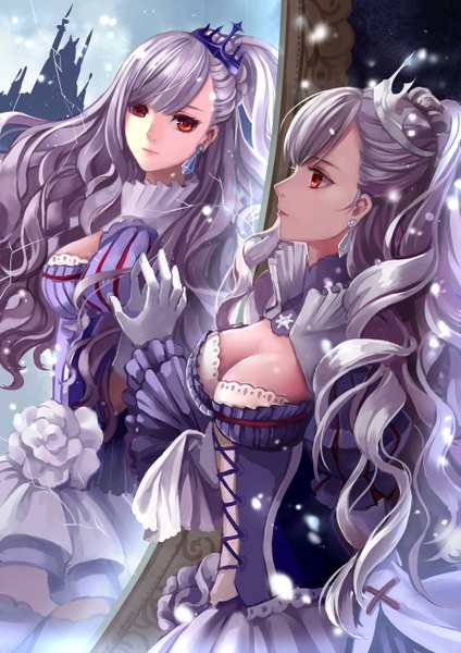 Anime picture 1000x1414 with original monogo long hair tall image red eyes cleavage profile grey hair reflection wavy hair girl dress gloves white gloves crown mirror