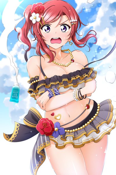 Anime picture 1015x1522 with love live! school idol project sunrise (studio) love live! nishikino maki kirisaki reina single tall image looking at viewer blush short hair breasts open mouth light erotic large breasts standing purple eyes bare shoulders payot sky cloud (clouds)