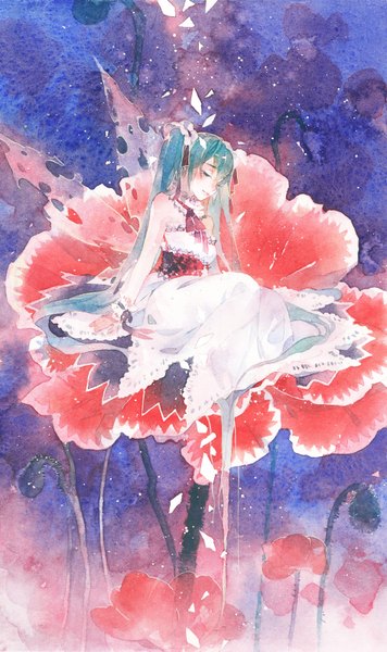 Anime picture 950x1600 with vocaloid hatsune miku rei (pixiv4656825) single tall image blush sitting twintails bare shoulders eyes closed very long hair aqua hair alternate costume fantasy purple background traditional media minigirl fairy watercolor (medium) girl
