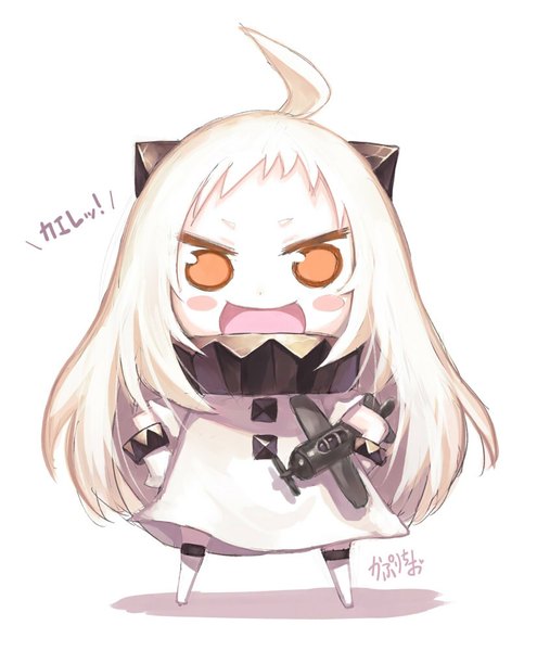 Anime picture 826x1000 with kantai collection himouto! umaru-chan doga kobo northern ocean hime capriccio single long hair tall image looking at viewer blush open mouth blonde hair simple background white background signed ahoge :d horn (horns) orange eyes hand on hip
