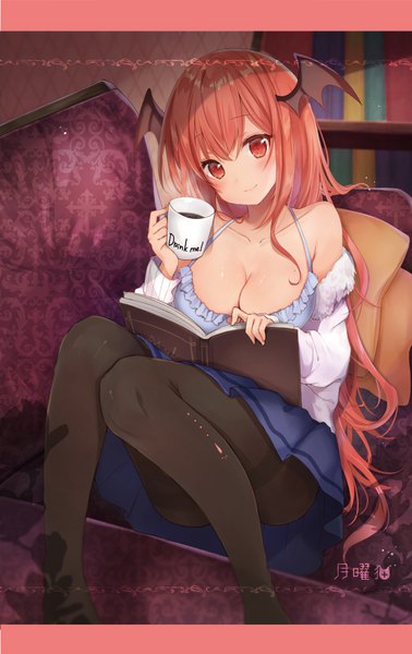 Anime picture 630x1000 with touhou koakuma natsuki (ukiwakudasai) single long hair tall image looking at viewer blush breasts light erotic smile red eyes large breasts sitting red hair head tilt head wings frilled bra girl pantyhose