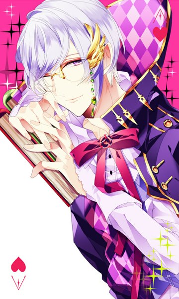 Anime picture 540x900 with kazenagi hikari single tall image looking at viewer short hair smile purple eyes purple hair one eye closed light smile wink open clothes open jacket lens flare reclining rhombus boy ribbon (ribbons) shirt glasses